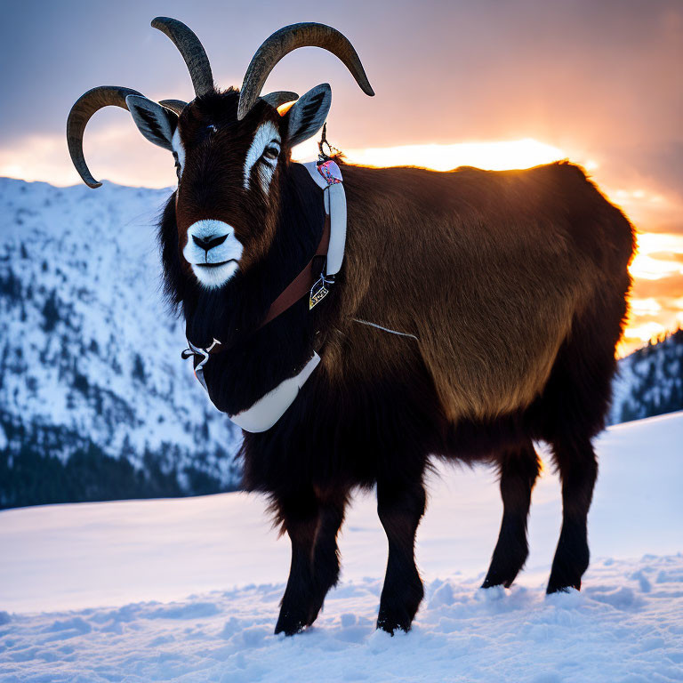 Majestic goat with long curved horns in snow against mountain backdrop at sunset