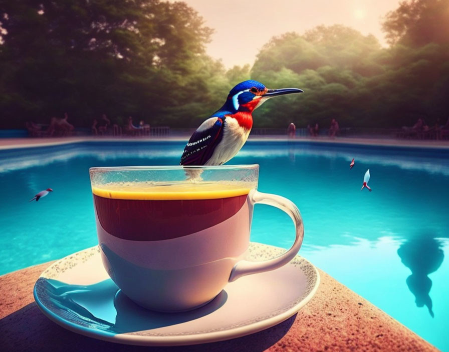 Kingfisher on tea cup by pool with swimmers and fish in surreal scene