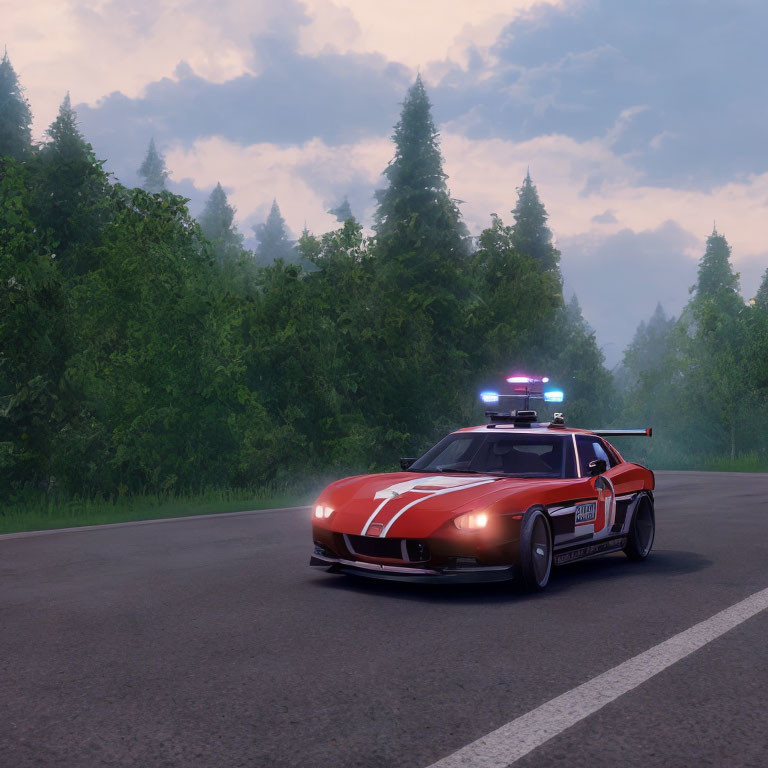 Classic Sports Car Styled Police Car with Flashing Lights Parked in Misty Forest Environment