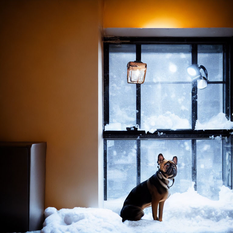 Dog sitting inside by window on snow-covered ground