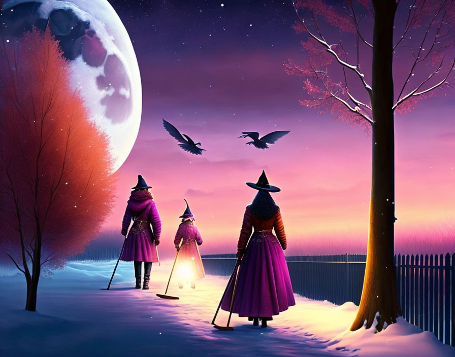 Three Figures in Witch Hats Under Large Moon with Birds and Trees