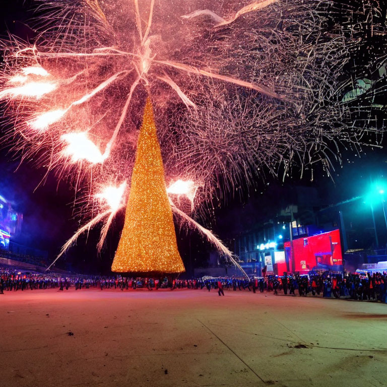 Crowd admires illuminated Christmas tree and fireworks display