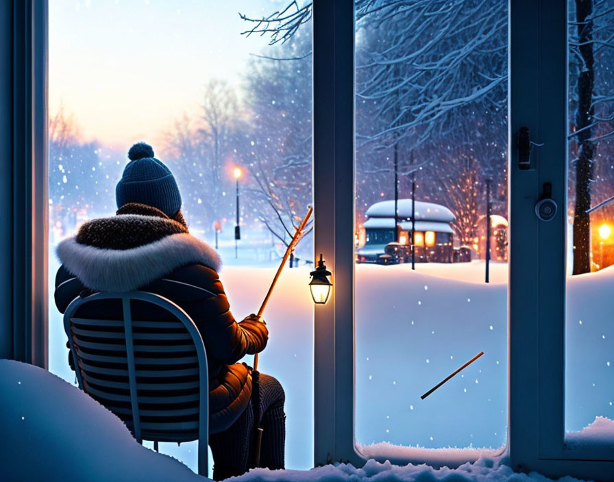 Person in Winter Attire Sitting Indoors Facing Snow-Covered Scene
