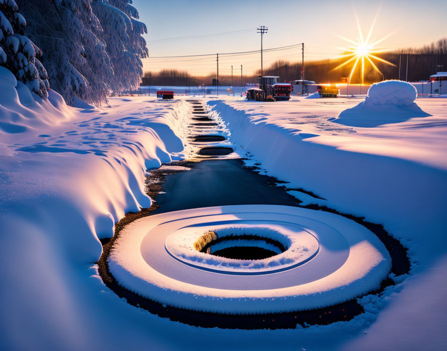 Snowy Sunset Landscape with Frozen Creek and Tire Tracks
