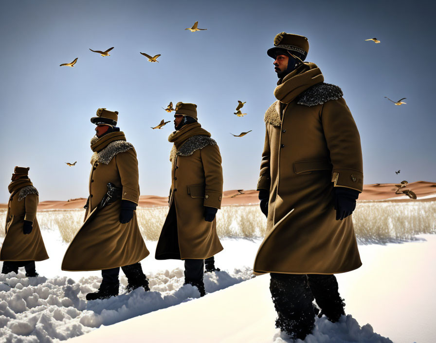 Four individuals in heavy winter military uniforms walking in line across snowy landscape.