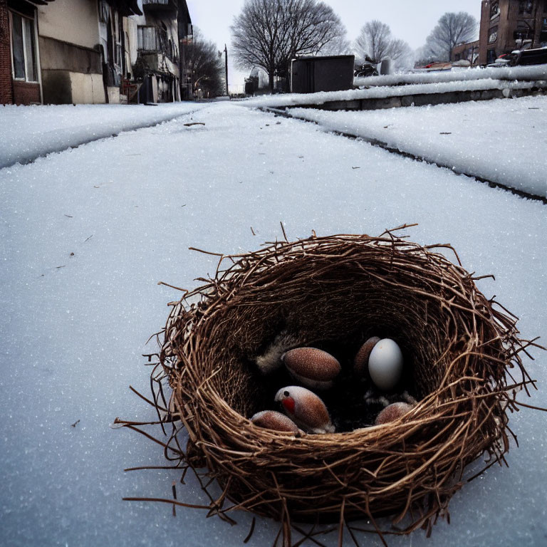 Bird's Nest with Eggs in Snowy Urban Setting