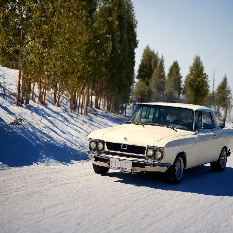 Vintage white convertible car on snowy road with evergreen trees and blue sky