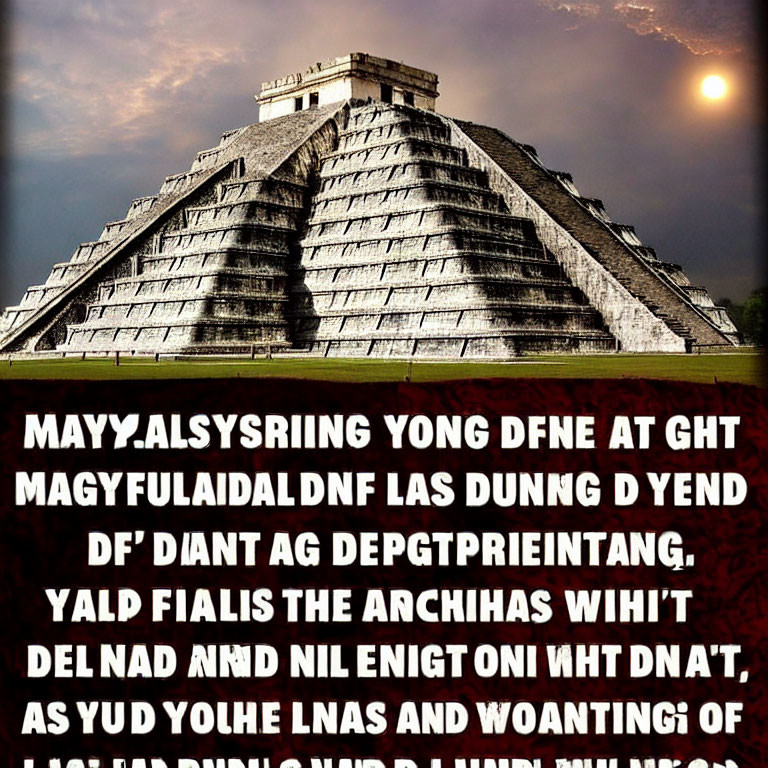 Stone pyramid with staircases under dramatic sky and sun, obscured text overlay.