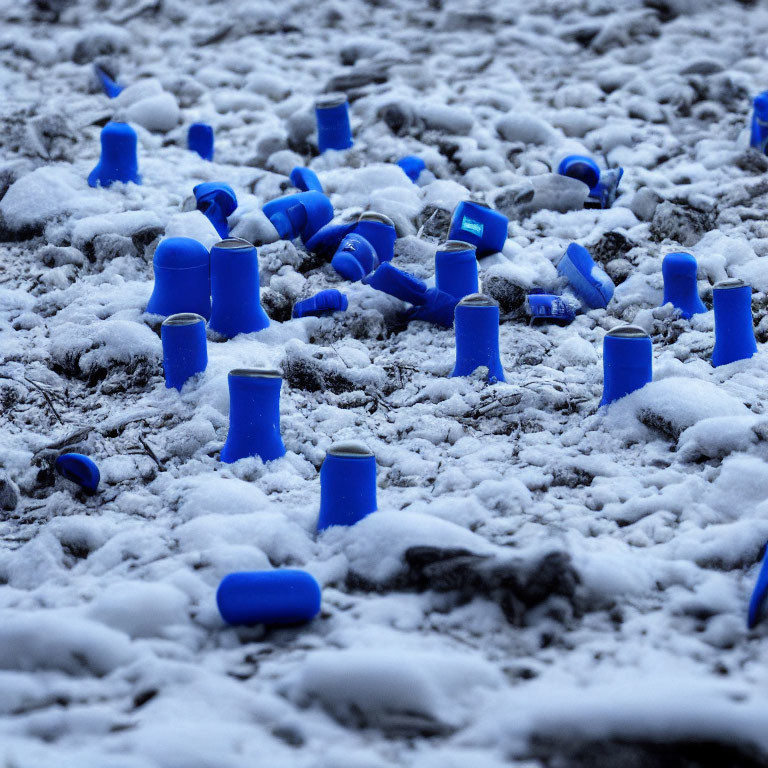 Blue plastic cups on snowy ground.