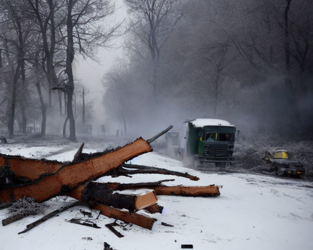 Foggy winter landscape with tree logs, green truck, and yellow car