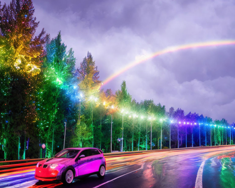 Vibrant pink car under striking rainbow on light trail road