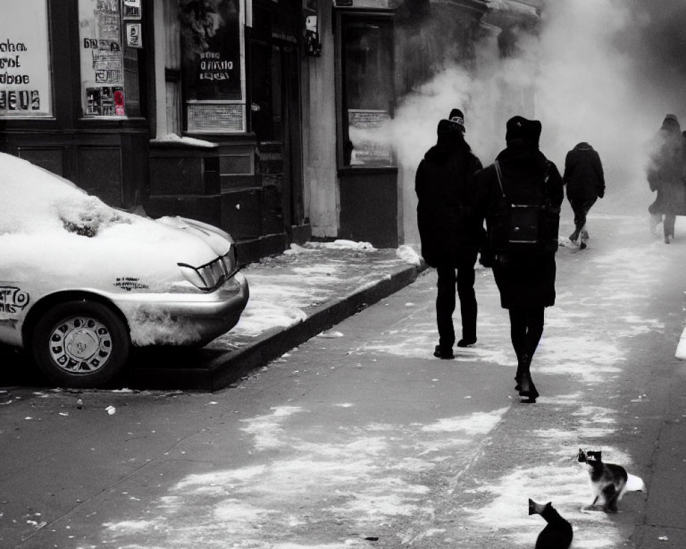 Monochrome cityscape with snow-covered street, pedestrians, steam, and cats