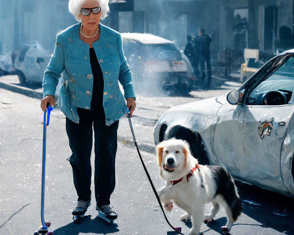 Elderly woman with cane and dog crossing street near damaged car