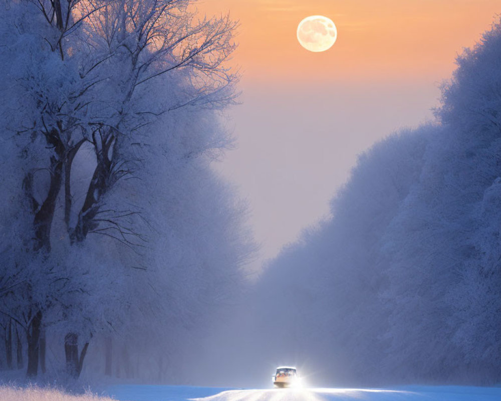 Snowy Road with Frost-Covered Trees and Full Moon in Winter Landscape