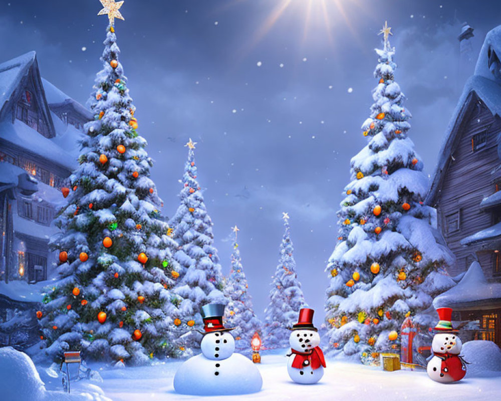 Snowy rooftops, Christmas trees, snowmen in a winter night scene