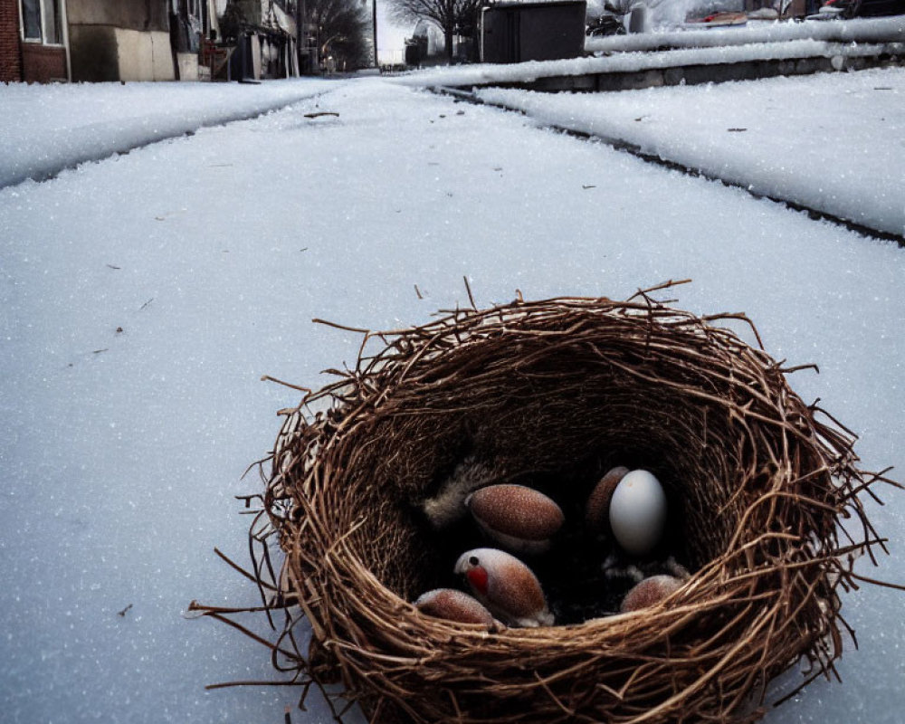 Bird's Nest with Eggs in Snowy Urban Setting