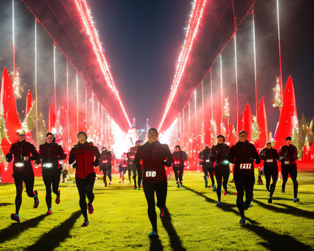 Night event with runners jogging under red lights and Christmas trees