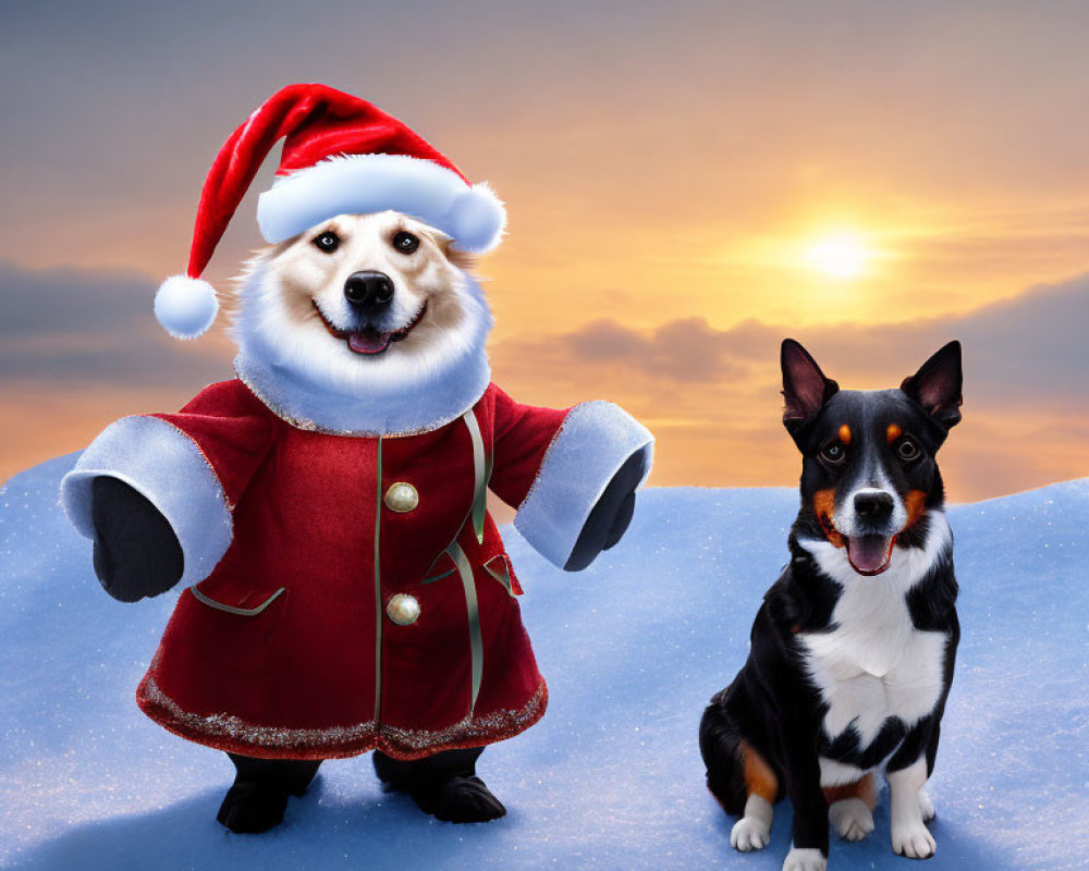Two dogs in Santa and black & white costumes on snowy ground at sunset