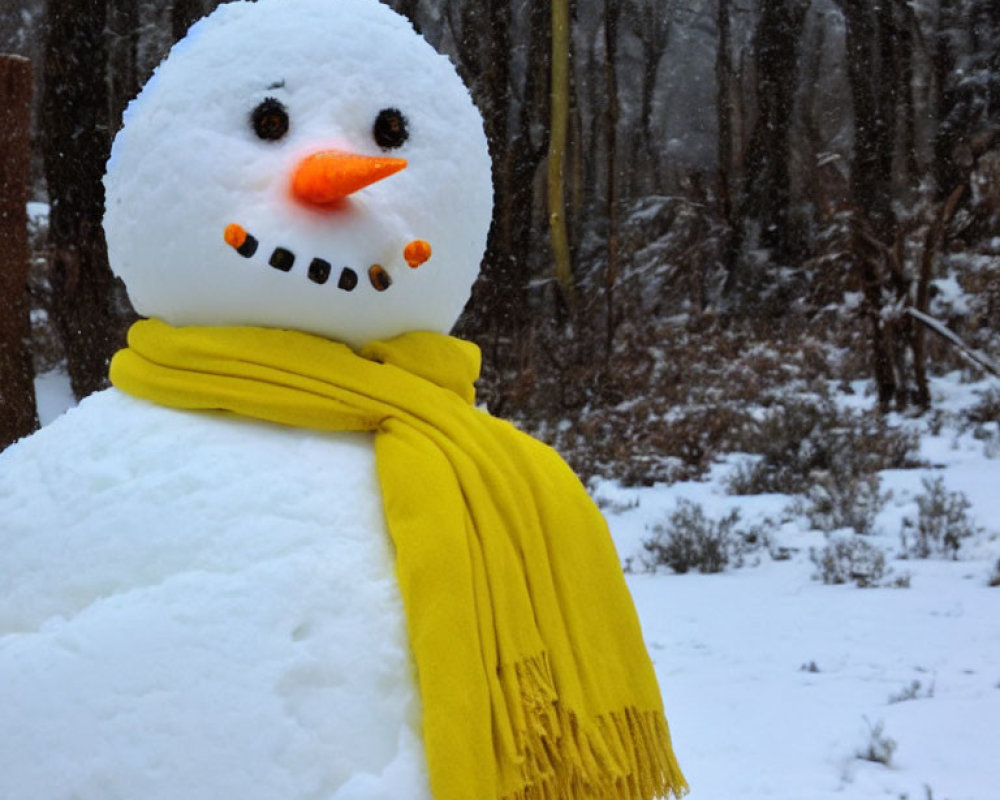 Cheerful snowman with carrot nose and yellow scarf in snowy forest