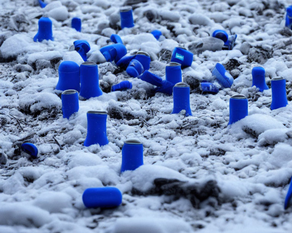 Blue plastic cups on snowy ground.