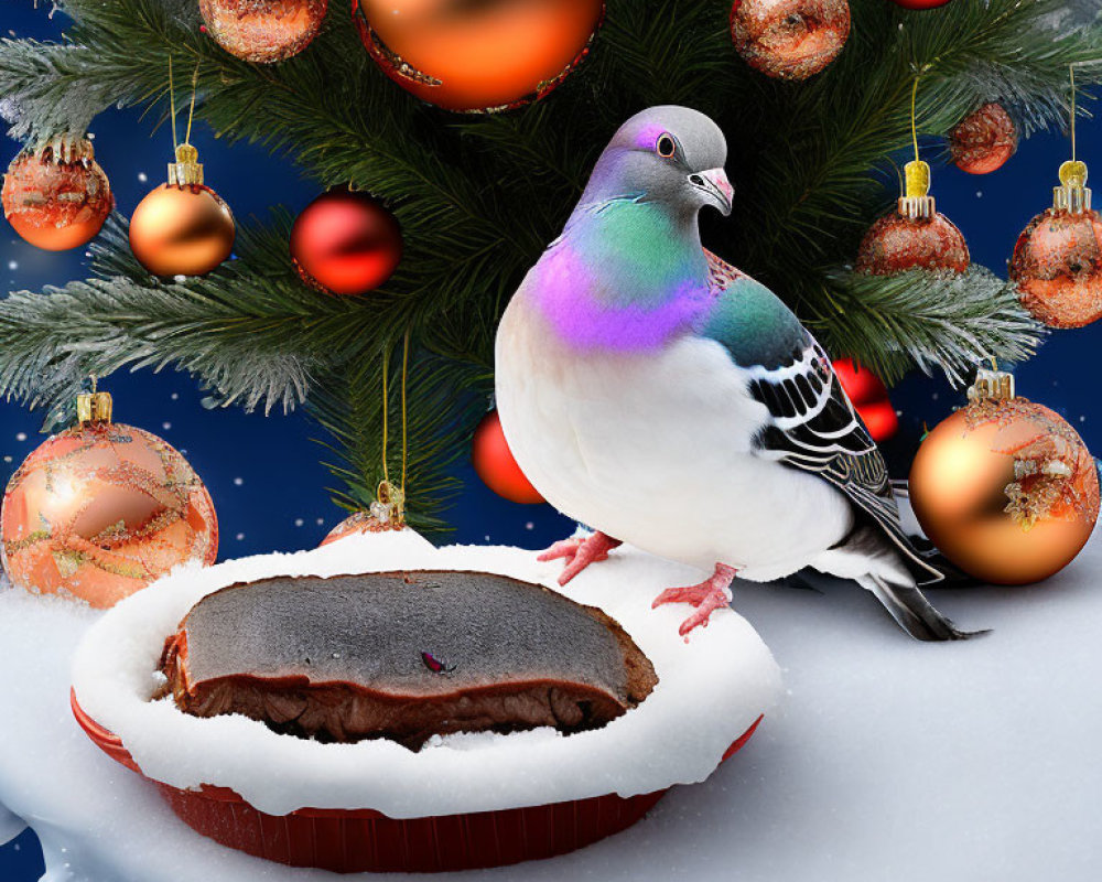 Pigeon beside pie under Christmas tree with red and gold baubles