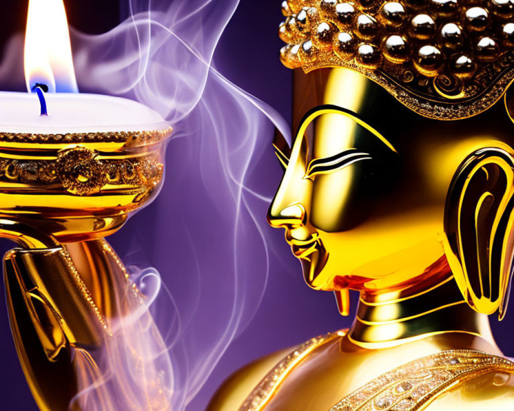 Serene Golden Buddha Statue with Candle on Purple Background