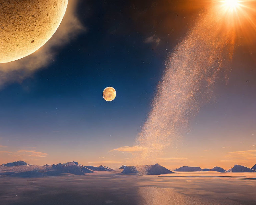 Surreal landscape with planet, moon, sun, mountains & reflective surface
