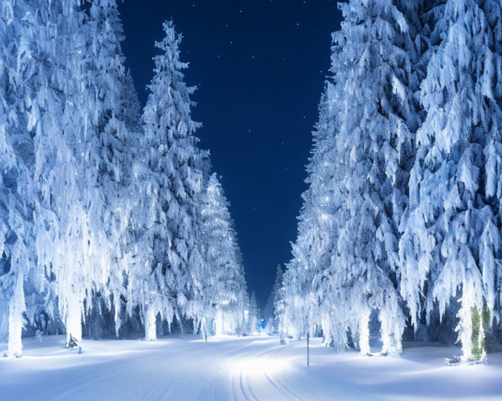 Tranquil snowy path with ski tracks under starry night sky