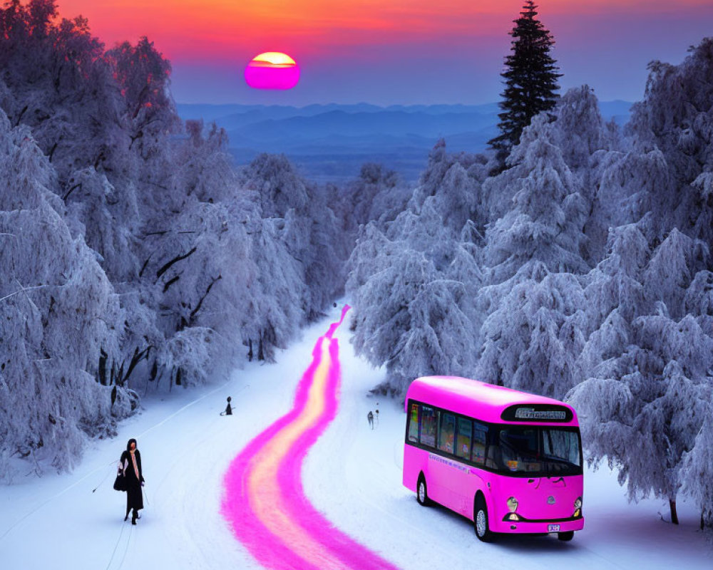 Pink bus on snowy road at sunset with frosty trees