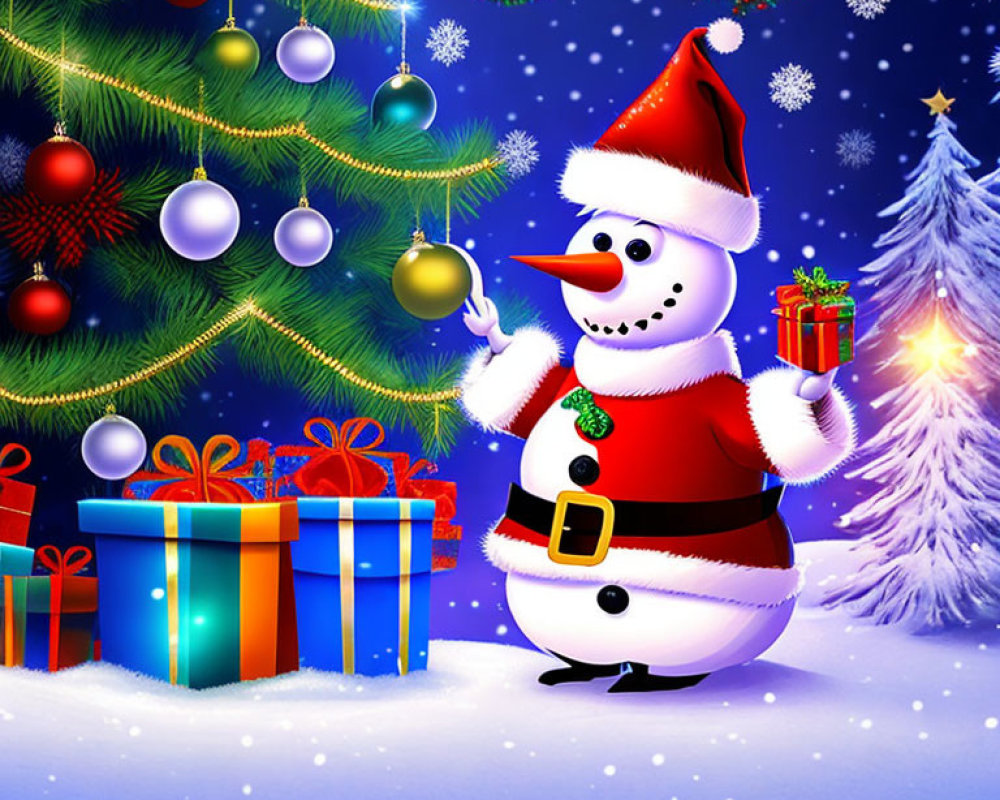 Cheerful snowman with Santa outfit near Christmas tree