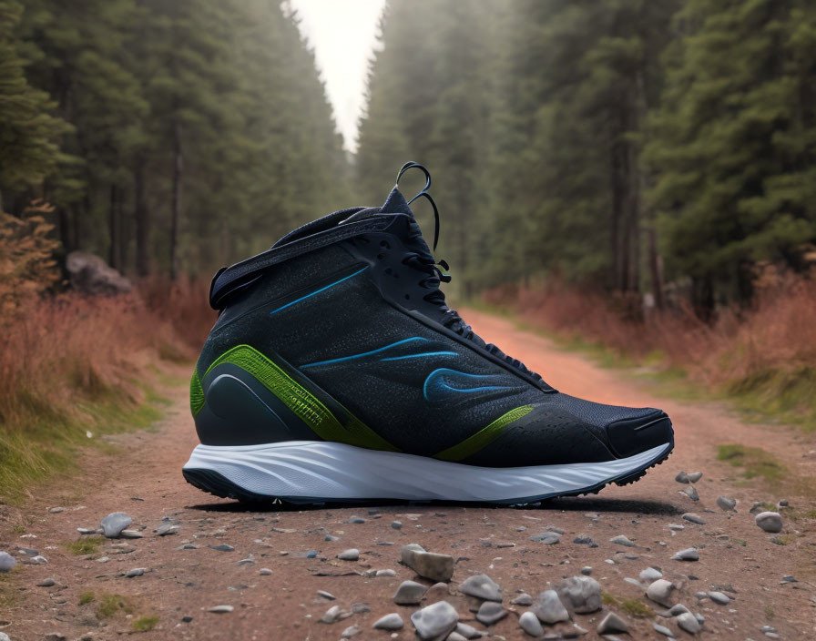 Black and Neon Green Sports Shoe on Forest Pathway