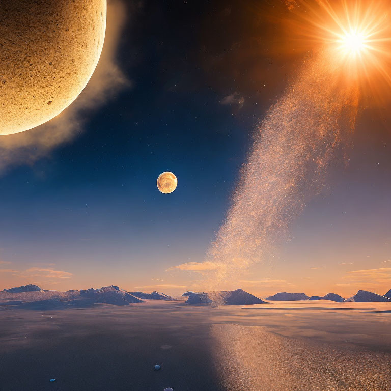 Surreal landscape with planet, moon, sun, mountains & reflective surface