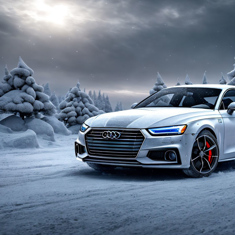 Snowy Road: White Audi, Snow-Covered Trees & Cloudy Sky