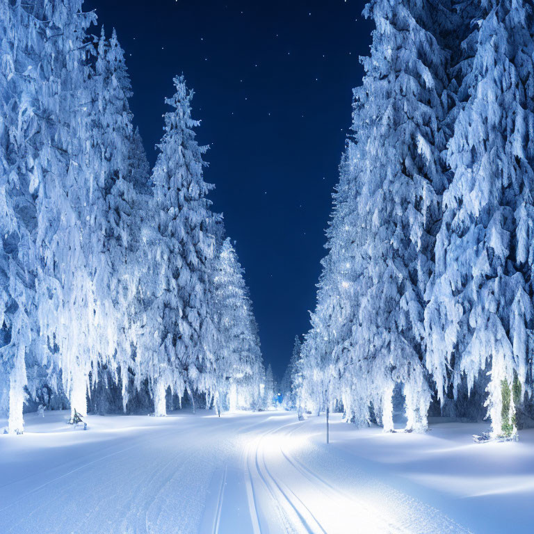 Tranquil snowy path with ski tracks under starry night sky