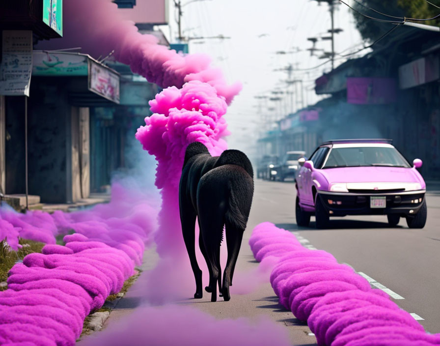 Pink Smoke Horse on Street with Car Approaching