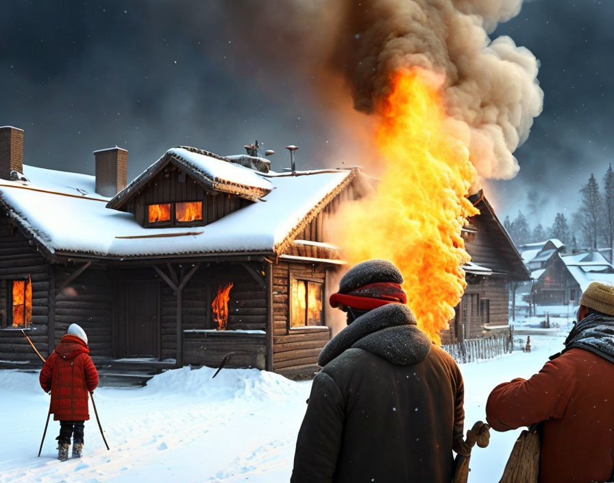Snowy village log cabin roof ablaze at twilight with onlookers.