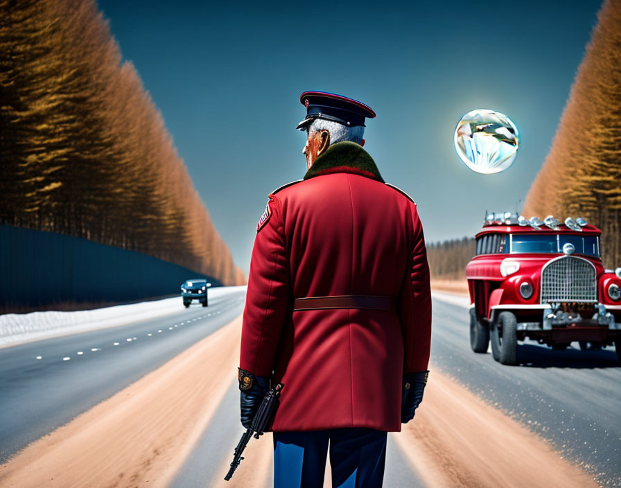 Snowy Road Scene: Uniformed Figure, Red Firetruck, Modern Cars, Crystal Sky