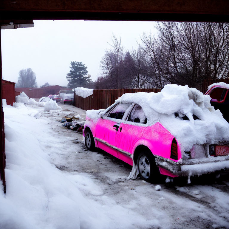 Pink car covered in snow in cluttered snowy setting with buildings.