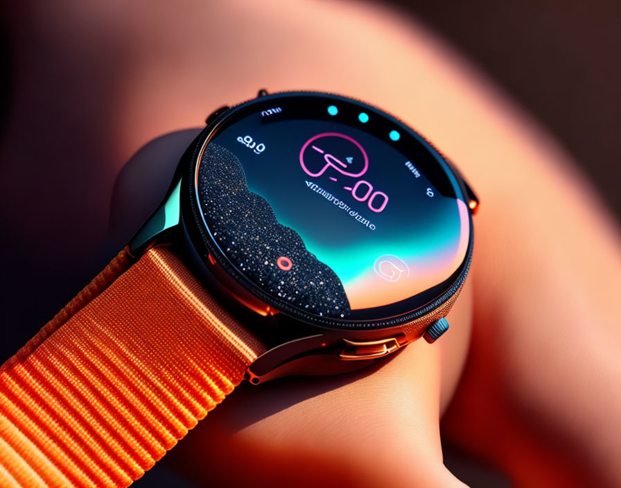 Close-up of Smartwatch with Bright Orange Strap Fitness Tracking Interface