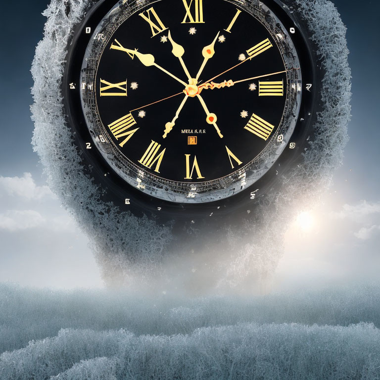Clock face with Roman numerals above misty icy landscape