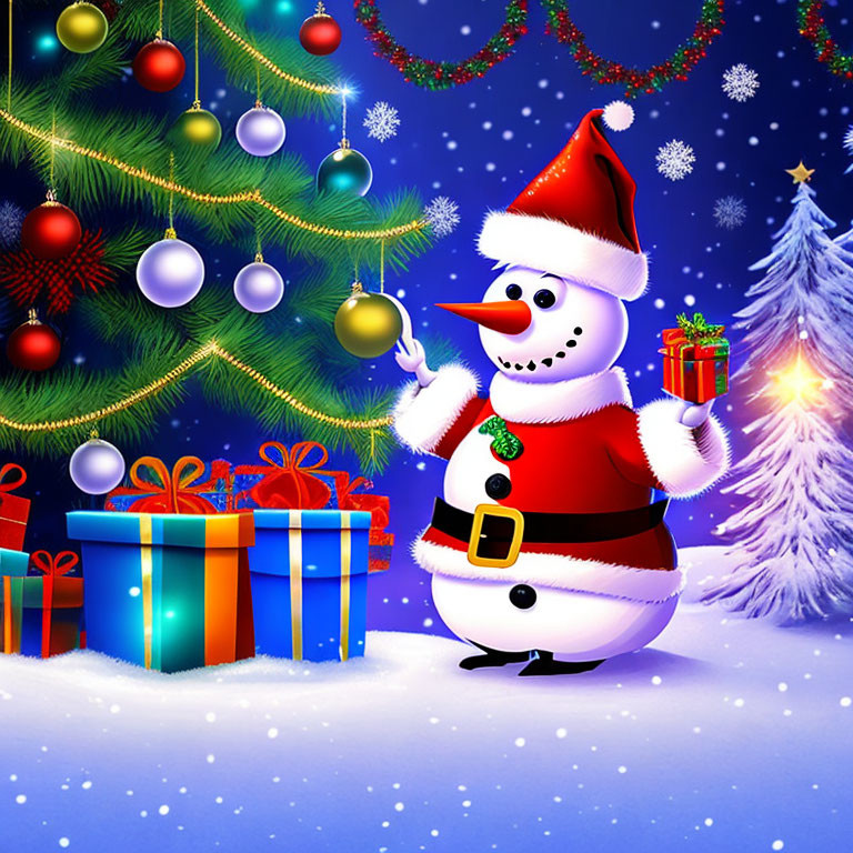Cheerful snowman with Santa outfit near Christmas tree