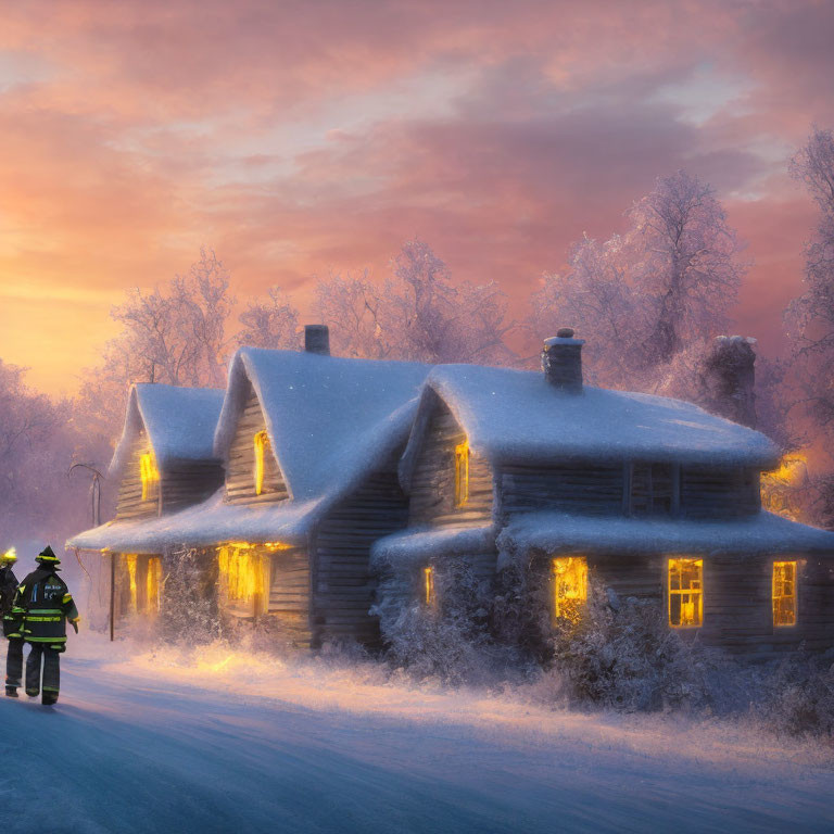 Firefighter in Snow-Covered Twilight Scene