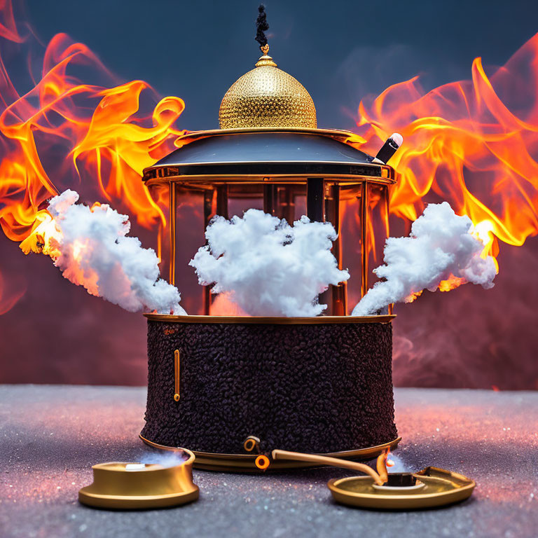 Golden lantern engulfed in orange flames on moody background with detached top