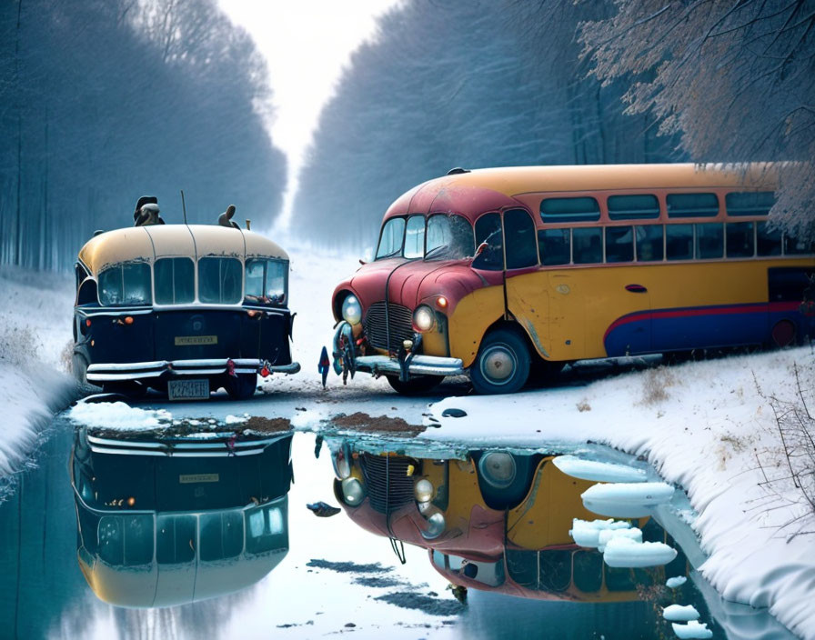 Vintage Buses on Snowy Forest Road with Reflections and Person in Symmetrical Composition
