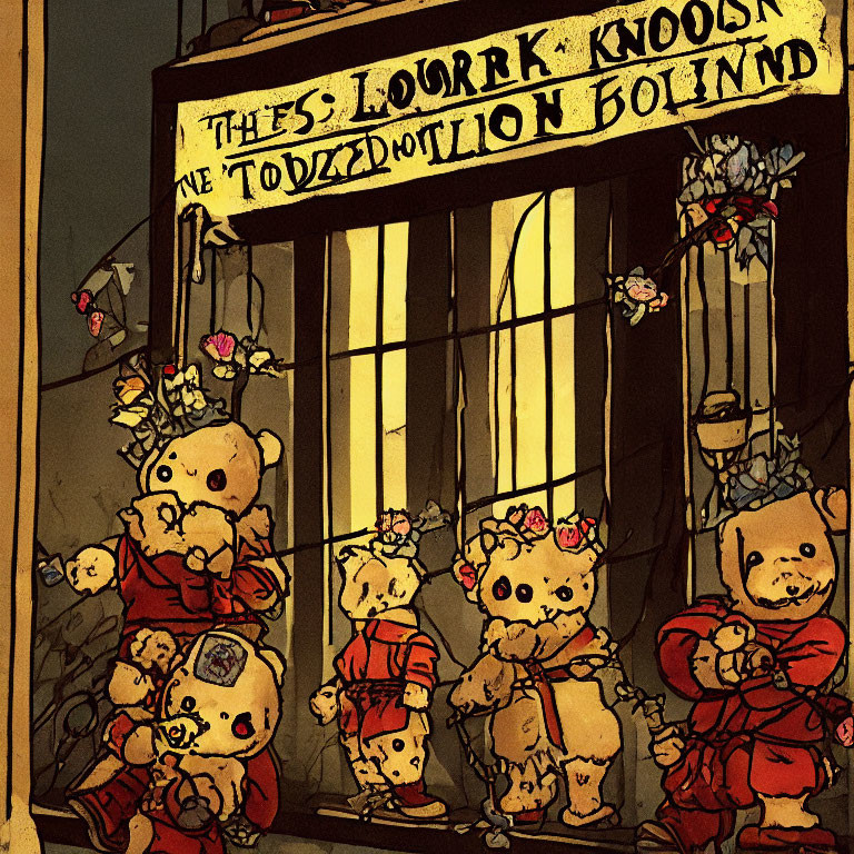 Anthropomorphic Teddy Bears in Vintage Attire Displayed in Toy Store Window