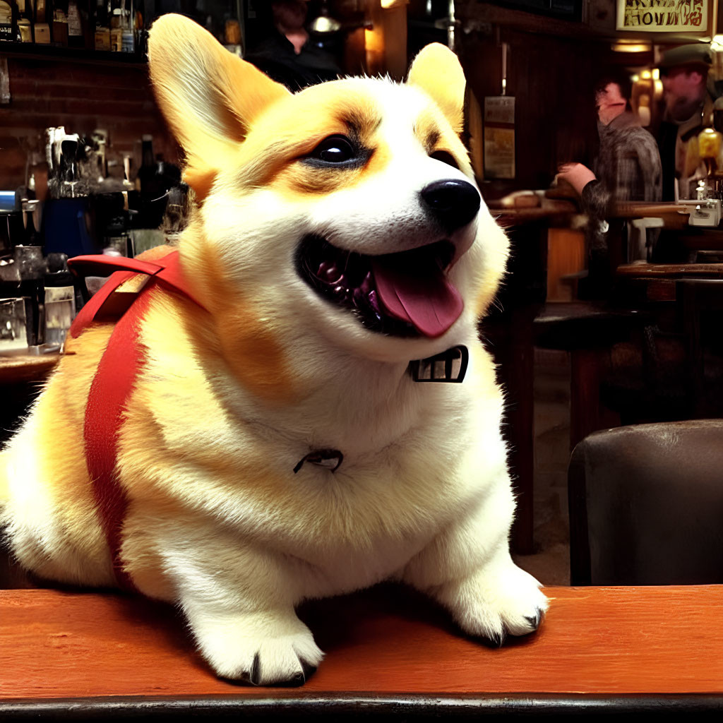 Smiling corgi dog in red harness at bar with people