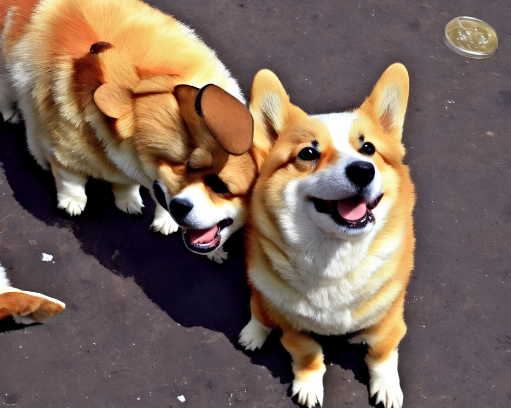 Two Pembroke Welsh Corgis playing on a sunny day