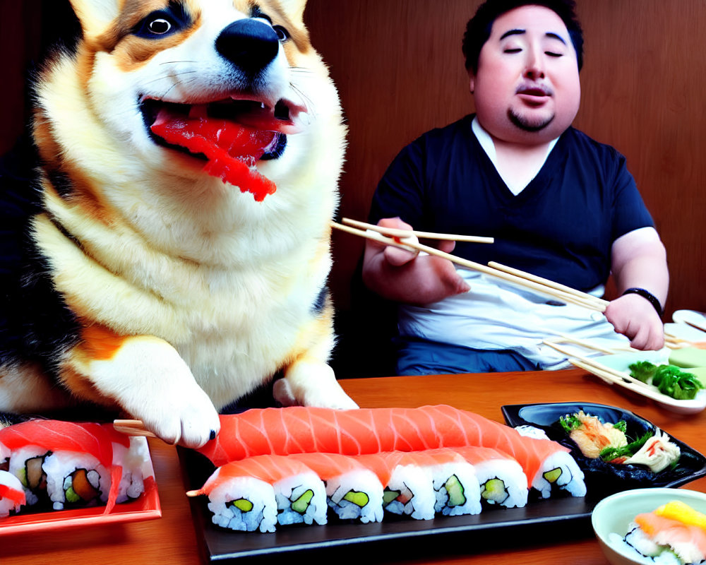 Man and Corgi with Sushi at Table