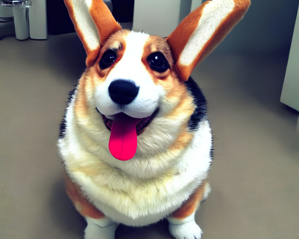 Smiling corgi with big ears and tongue out on floor