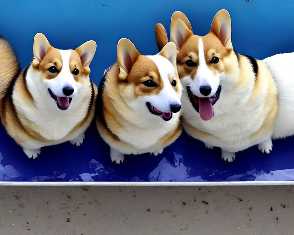 Three Pembroke Welsh Corgis sitting in a row with tongues out on blue background